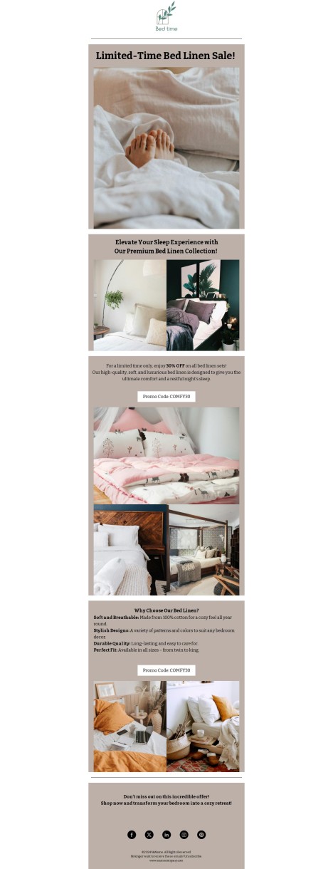 Email template preview of template: Limited-Time Bed Linen Sale